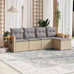 Salon de jardin avec coussins 5 pcs beige r&eacute;sine tress&eacute;e