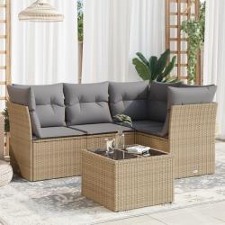 Salon de jardin avec coussins 5 pcs beige r&eacute;sine tress&eacute;e alsavelo
