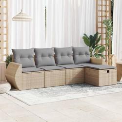 Salon de jardin avec coussins 5 pcs beige r&eacute;sine tress&eacute;e alsavelo