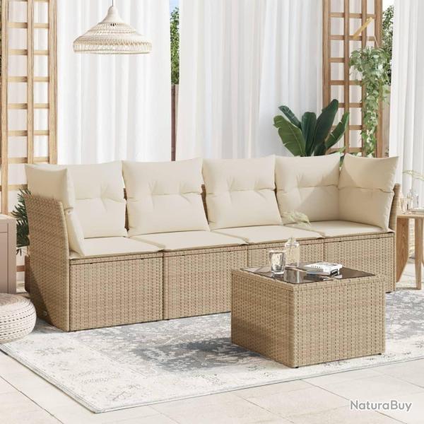 Salon de jardin avec coussins 5 pcs beige r�sine tress�e alsavelo