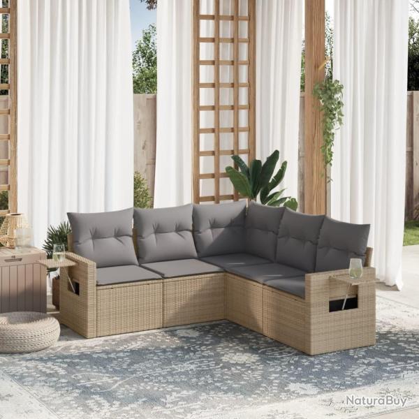 Salon de jardin avec coussins 5 pcs beige r�sine tress�e