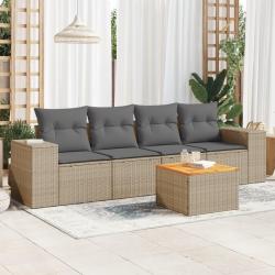 Salon de jardin avec coussins 5 pcs beige r&eacute;sine tress&eacute;e alsavelo