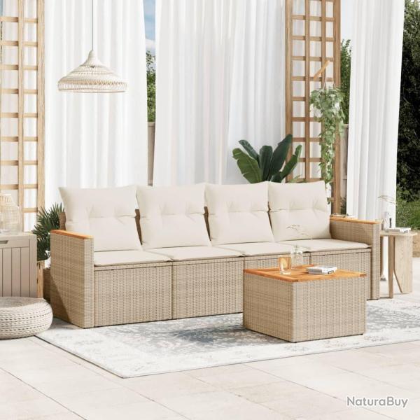 Salon de jardin avec coussins 5 pcs beige r�sine tress�e