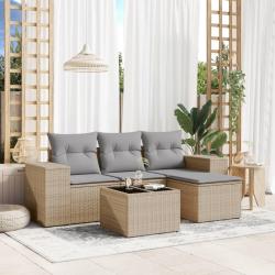 Salon de jardin avec coussins 5 pcs beige r&eacute;sine tress&eacute;e
