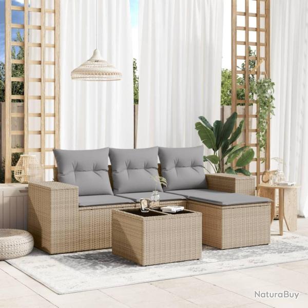 Salon de jardin avec coussins 5 pcs beige r�sine tress�e