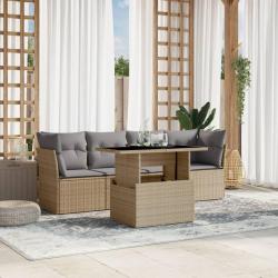 Salon de jardin avec coussins 5 pcs beige r&eacute;sine tress&eacute;e
