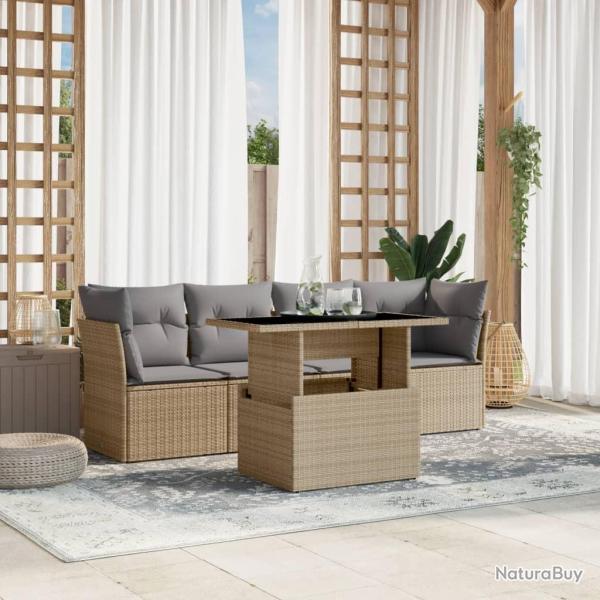 Salon de jardin avec coussins 5 pcs beige r�sine tress�e