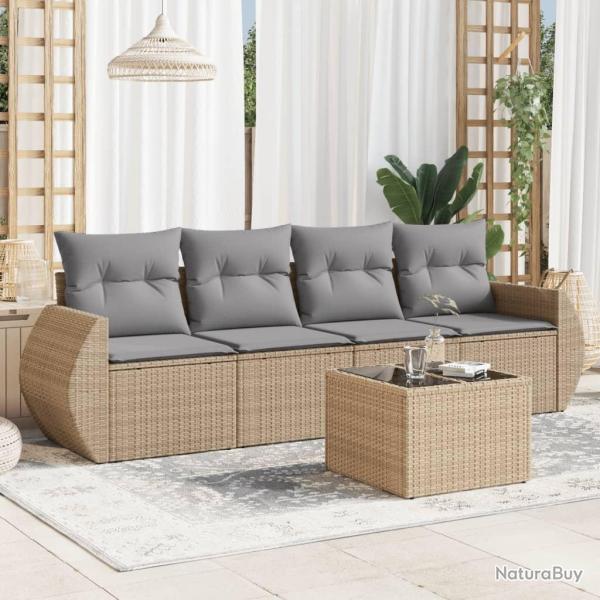 Salon de jardin avec coussins 5 pcs beige r�sine tress�e alsavelo