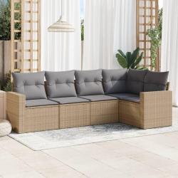 Salon de jardin avec coussins 5 pcs beige r&eacute;sine tress&eacute;e alsavelo