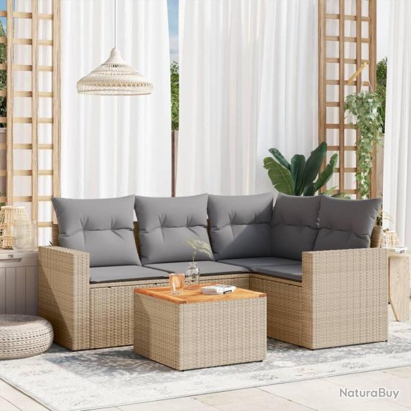 Salon de jardin avec coussins 5 pcs beige r�sine tress�e