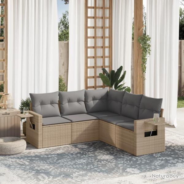 Salon de jardin avec coussins 5 pcs beige r�sine tress�e alsavelo