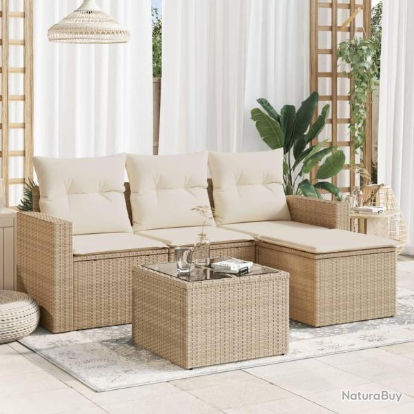 Salon de jardin avec coussins 5 pcs beige r�sine tress�e