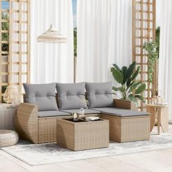 Salon de jardin avec coussins 5 pcs beige r&eacute;sine tress&eacute;e