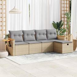 Salon de jardin avec coussins 5 pcs beige r&eacute;sine tress&eacute;e alsavelo