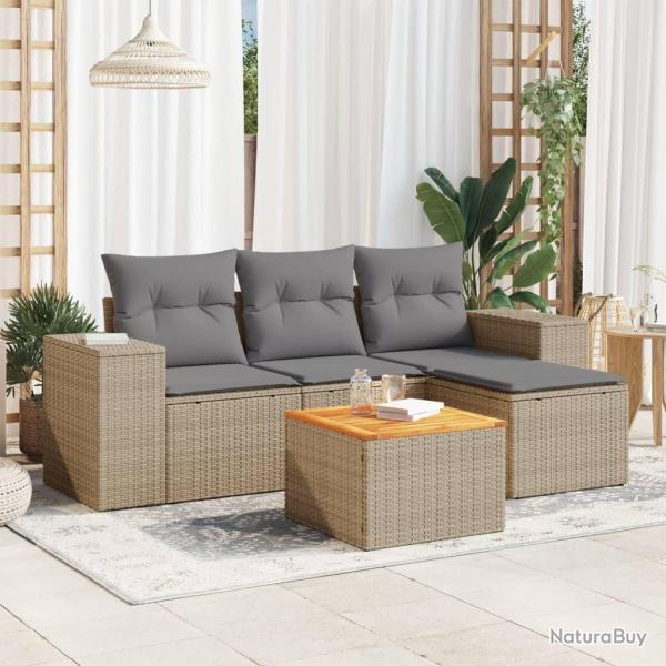 Salon de jardin avec coussins 5 pcs beige r�sine tress�e alsavelo
