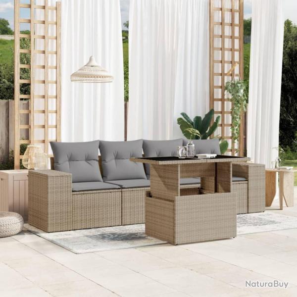 Salon de jardin avec coussins 5 pcs beige r�sine tress�e alsavelo