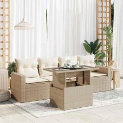 Salon de jardin avec coussins 5 pcs beige r&eacute;sine tress&eacute;e