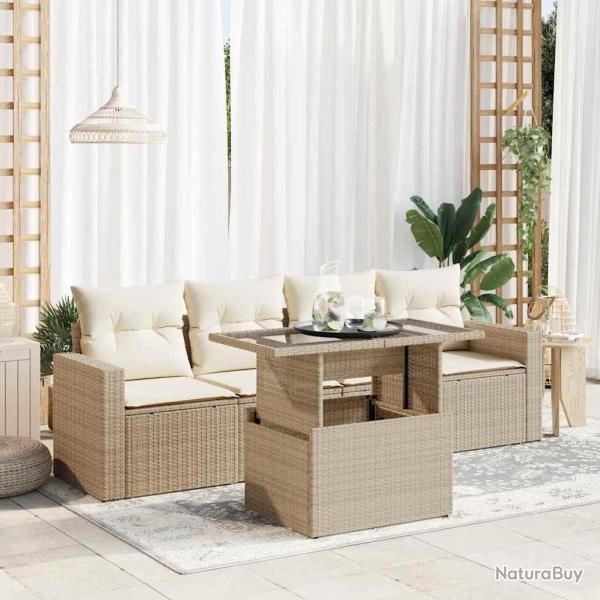 Salon de jardin avec coussins 5 pcs beige r�sine tress�e
