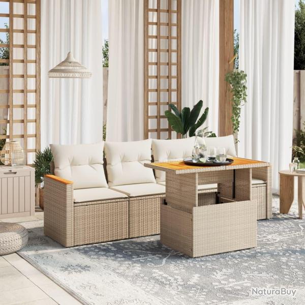 Salon de jardin avec coussins 5 pcs beige r�sine tress�e
