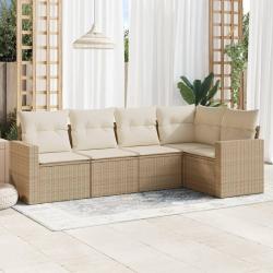 Salon de jardin avec coussins 5 pcs beige r&eacute;sine tress&eacute;e alsavelo