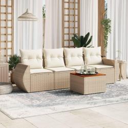 Salon de jardin avec coussins 5 pcs beige r&eacute;sine tress&eacute;e