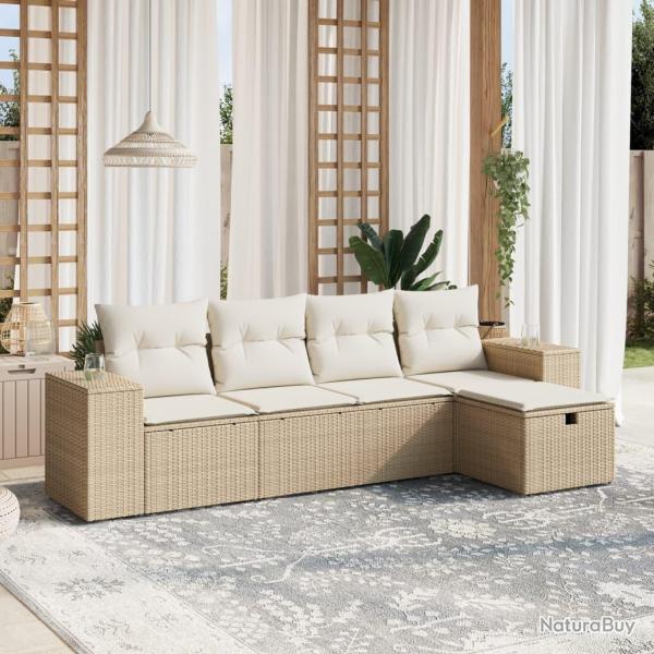 Salon de jardin avec coussins 5 pcs beige r�sine tress�e