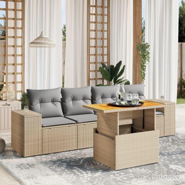 Salon de jardin avec coussins 5 pcs beige r�sine tress�e