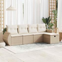 Salon de jardin avec coussins 5 pcs beige r&eacute;sine tress&eacute;e