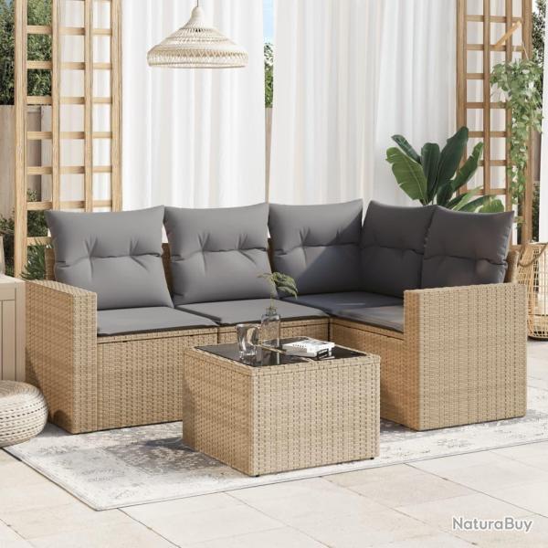 Salon de jardin avec coussins 5 pcs beige r�sine tress�e