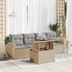 Salon de jardin avec coussins 5 pcs beige r&eacute;sine tress&eacute;e alsavelo