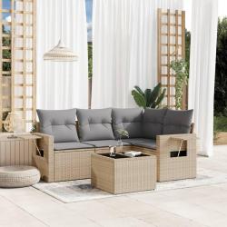 Salon de jardin avec coussins 5 pcs beige r&eacute;sine tress&eacute;e alsavelo