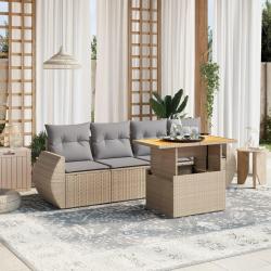 Salon de jardin avec coussins 5 pcs beige r&eacute;sine tress&eacute;e alsavelo