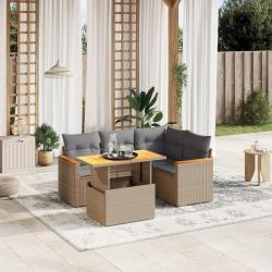 Salon de jardin avec coussins 5 pcs beige r&eacute;sine tress&eacute;e