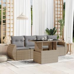 Salon de jardin avec coussins 5 pcs beige r&eacute;sine tress&eacute;e
