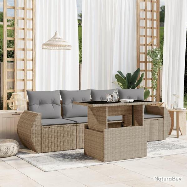 Salon de jardin avec coussins 5 pcs beige r�sine tress�e alsavelo