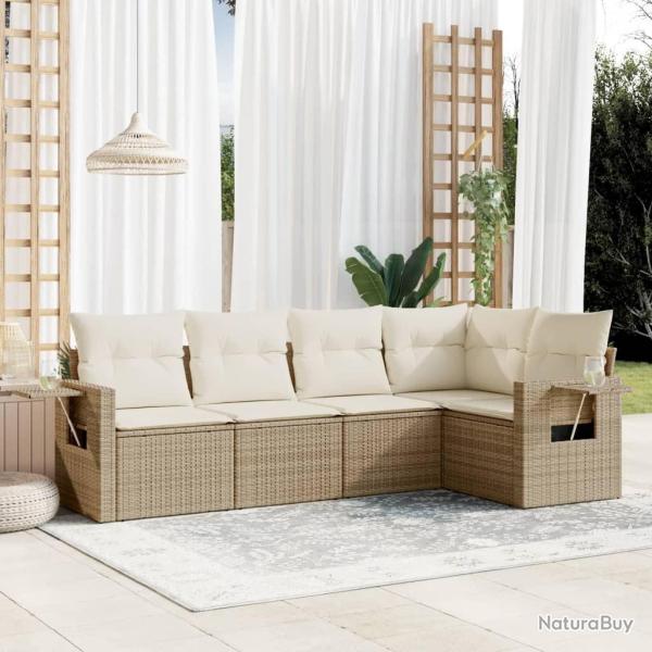 Salon de jardin avec coussins 5 pcs beige r�sine tress�e alsavelo