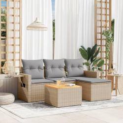Salon de jardin avec coussins 5 pcs beige r&eacute;sine tress&eacute;e
