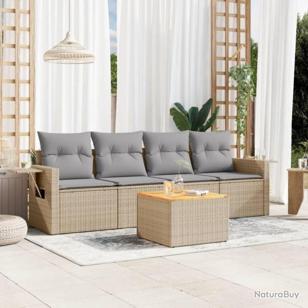 Salon de jardin avec coussins 5 pcs beige r�sine tress�e