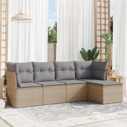 Salon de jardin avec coussins 5 pcs beige r&eacute;sine tress&eacute;e alsavelo