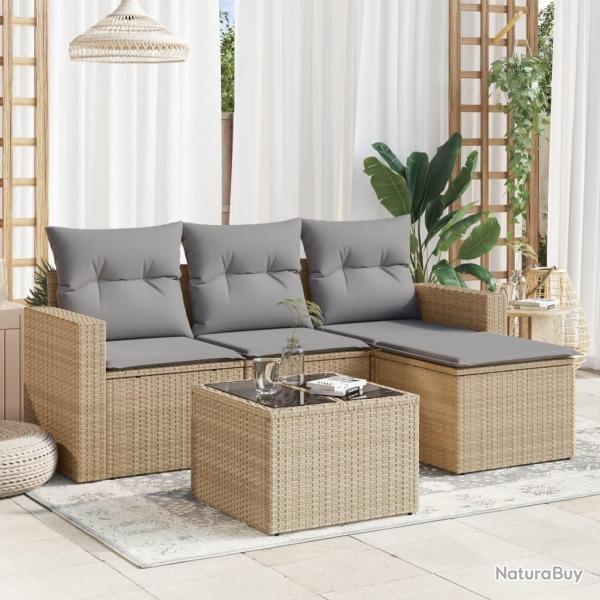 Salon de jardin avec coussins 5 pcs beige r�sine tress�e