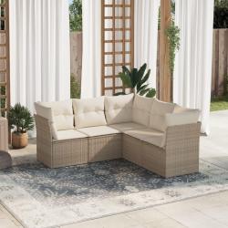 Salon de jardin avec coussins 5 pcs beige r&eacute;sine tress&eacute;e