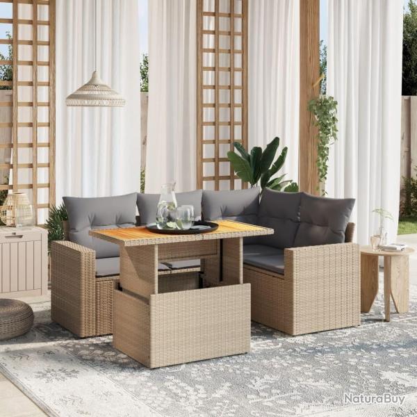 Salon de jardin avec coussins 5 pcs beige r�sine tress�e