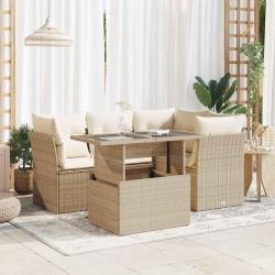 Salon de jardin avec coussins 5 pcs beige r&eacute;sine tress&eacute;e