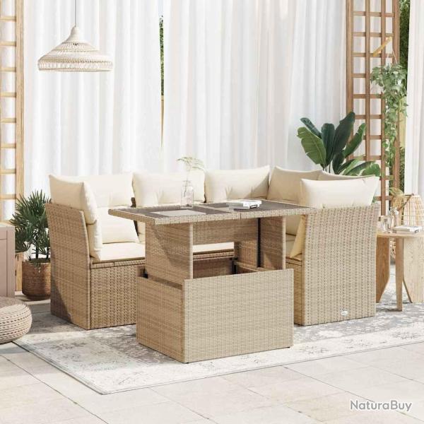 Salon de jardin avec coussins 5 pcs beige r�sine tress�e alsavelo