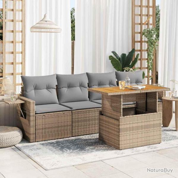 Salon de jardin avec coussins 5 pcs beige r�sine tress�e