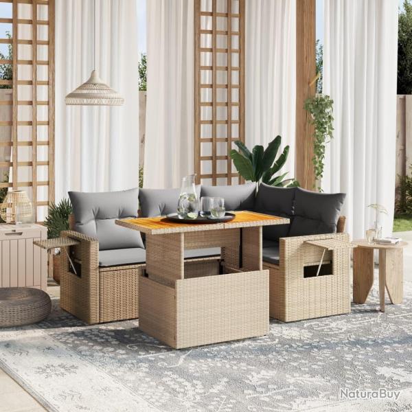 Salon de jardin avec coussins 5 pcs beige r�sine tress�e