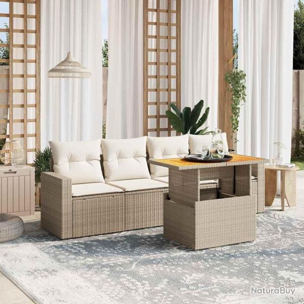 Salon de jardin avec coussins 5 pcs beige r�sine tress�e
