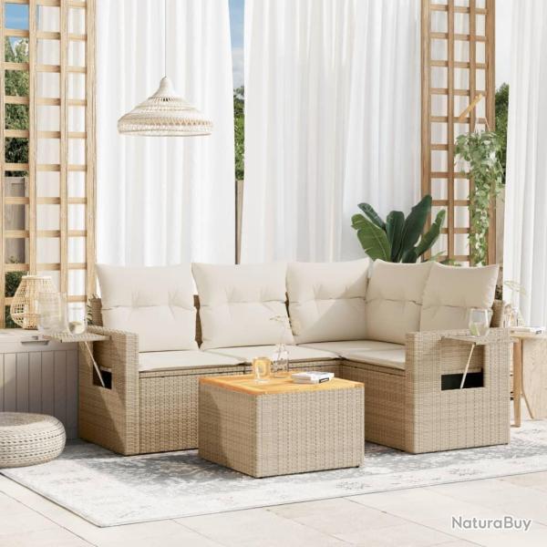 Salon de jardin avec coussins 5 pcs beige r�sine tress�e alsavelo