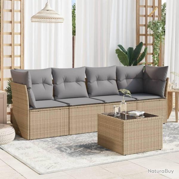 Salon de jardin avec coussins 5 pcs beige r�sine tress�e alsavelo