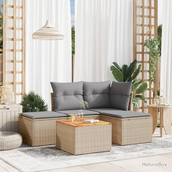 Salon de jardin avec coussins 5 pcs beige r�sine tress�e alsavelo